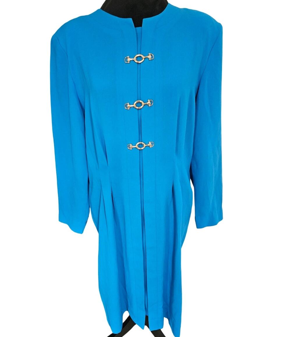 Vintage 80s 90s Debra Michaels Blue Dress Size 12 Gold Hardware Long Sleeve